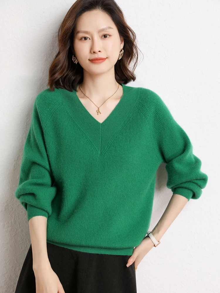 

ZOCEPT New-coming Autumn Winter Women's Casual Loose V-Neck Knitted Soft Warm 100% Cashmere Sweater Pullover Korean Jumper Tops