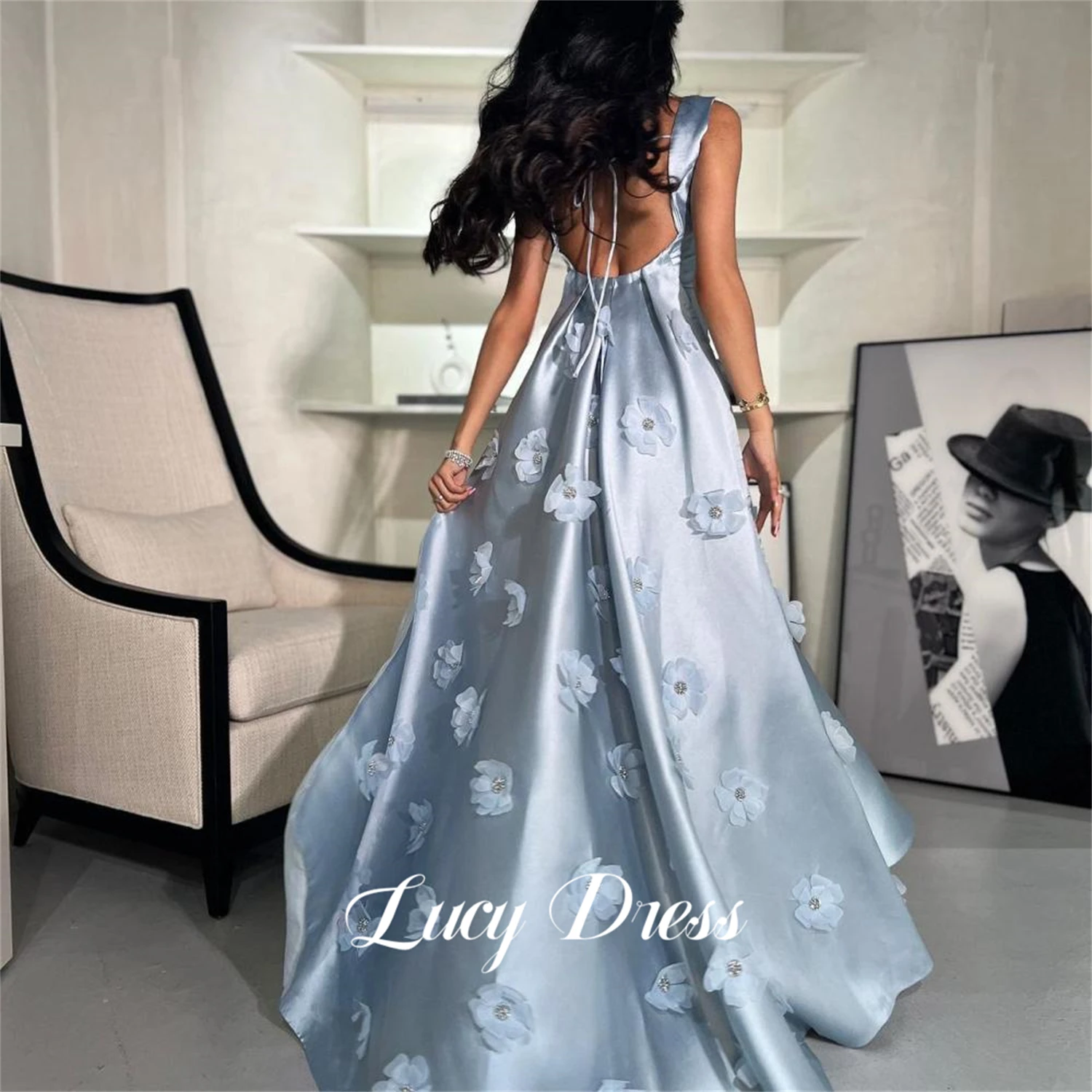 Party Dress Evening Line A Satin Gray Blue Flower Decoration Robe Soiree De Luxe Customized Formal Occasion Dresses Ball Gowns