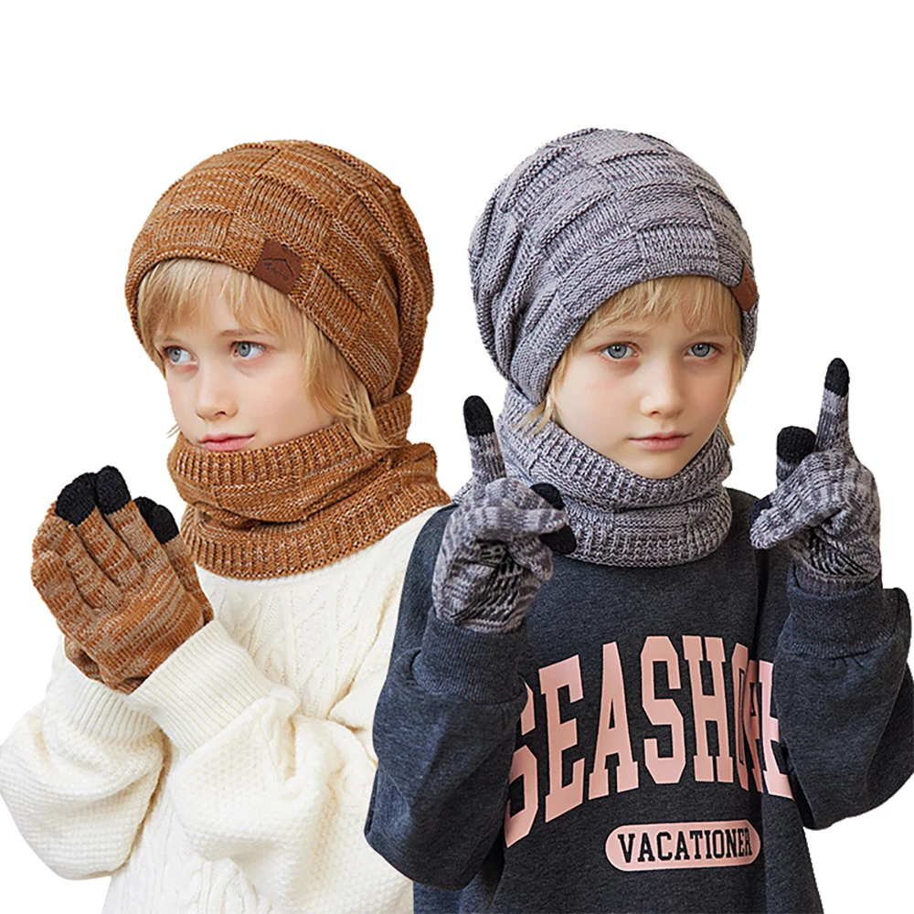 Kid Winter Keep Warm Beanie Hat Scarf Gloves Set 2 Pieces/ 3 pcs Boys Girls Fleece Lining Woolen Yarn Cap Child Knit Neck Warmer