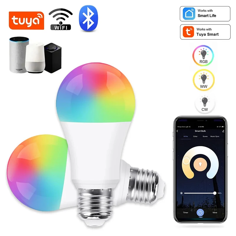 

Tuya RGB Smart Bulb Tuya Smart Led Lamp Ampoule Led Lights Bulb 15W 220V 110V Dimmable Home Assistant Timer Function Color Bulb