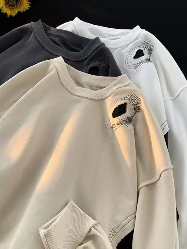 Camiseta Casual Unissex de Manga Longa com Capuz, Estilo Retalhos e Buracos, Algodão, Gola Redonda, com Absorção de Umidade