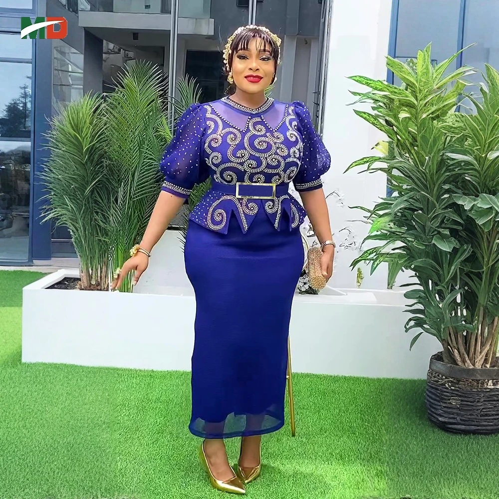 

MD African Dress For Women 2025 Fashion Elegant Puff Sleeve With Diamond Clothing Plus Size Wedding Party Turkey Daily Dressing