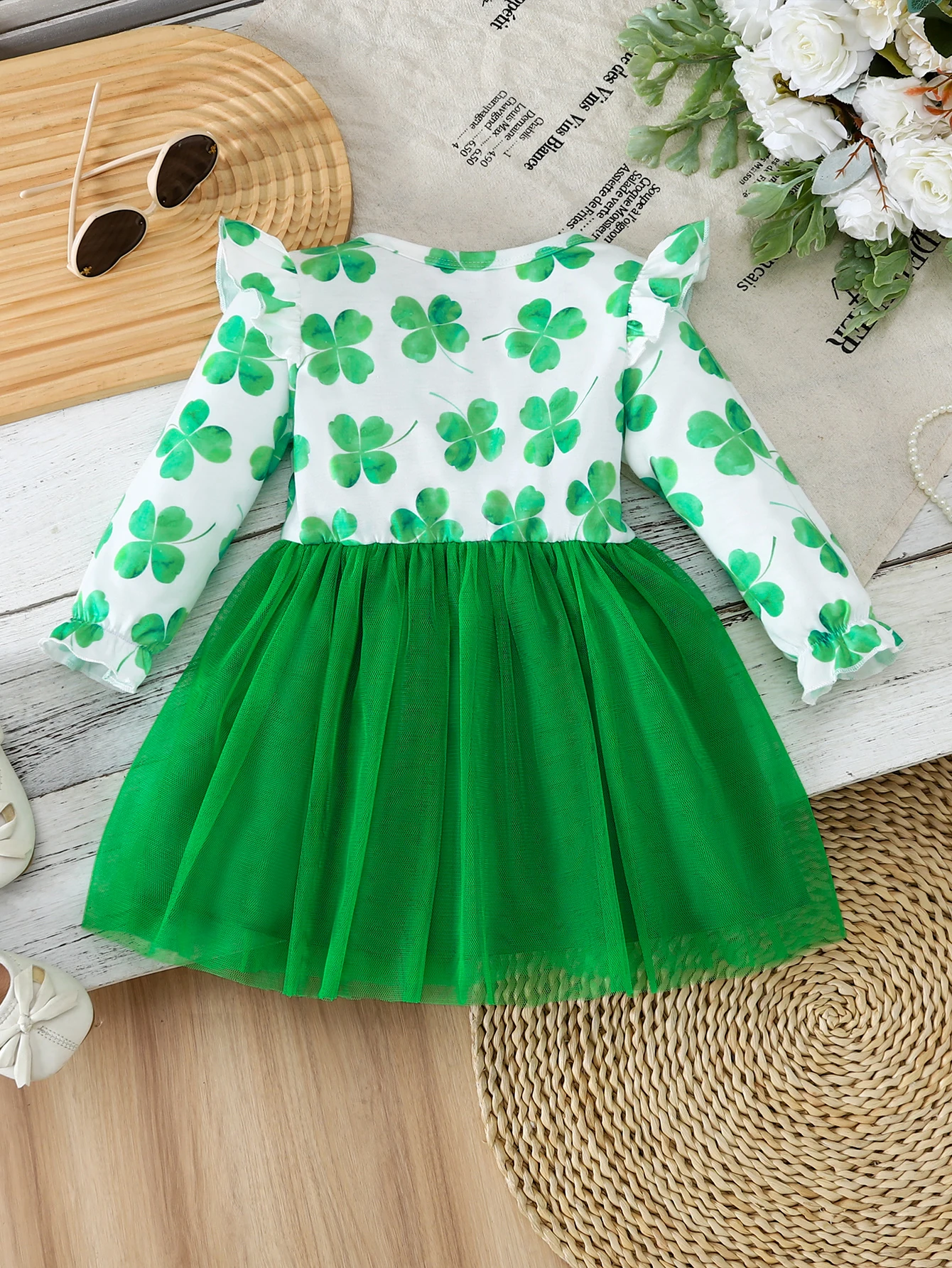 1pc Dress: St. Patrick's Day Green Clover Print,Ideal for Parade|Holiday Party, for Baby Girl (0-4Y), Toddler Girl Holiday Dress