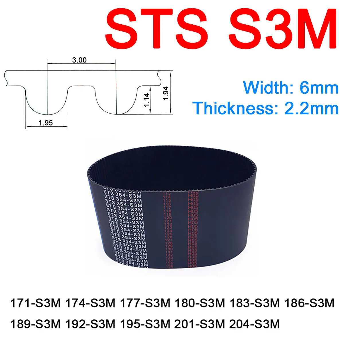 

1Pc Width 6mm S3M Rubber Arc Tooth Timing Belt Pitch Length 171 174 177 180 183 186 189 192 195 201 204mm Synchronous Belts