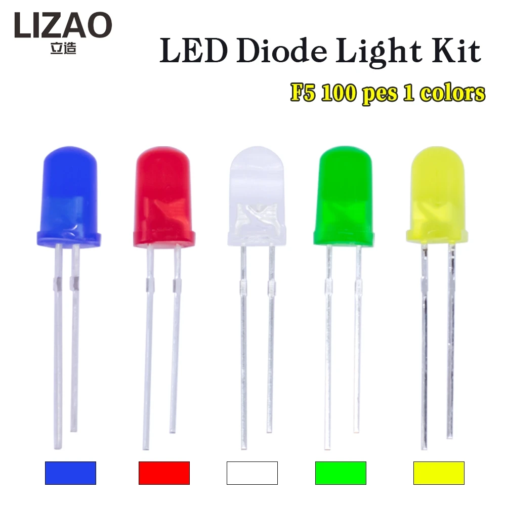 100Pcs/lot  F5 5MM Round LED Assortment Kit Ultra Bright Diffused Green/Yellow/Blue/White/Red Light Emitting Diode