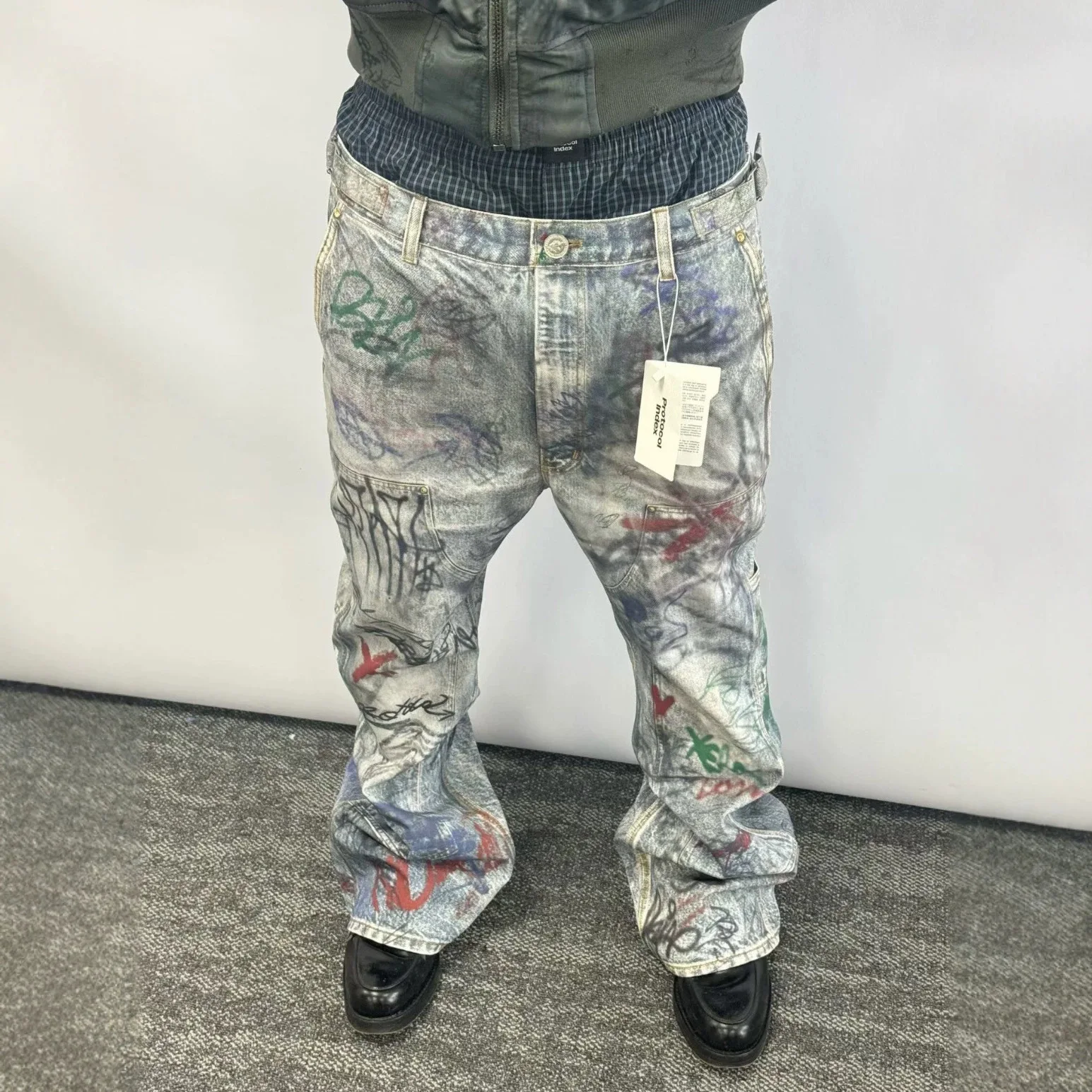 Street Style Graffiti Printed Denim Look Slim Fit Double Waist Micro Flared Logging Pants 3D Effect Cotton Casual Trousers