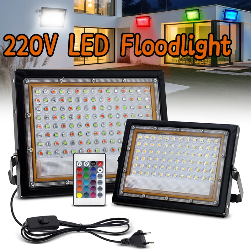 AC-220V LED الكاشف 50 واط 100 واط IP65 مقاوم للماء مصباح ألومنيوم الجسم SMD2835 سطوع عالية رقاقة في الهواء الطلق RGB مصباح ليد الكاشف