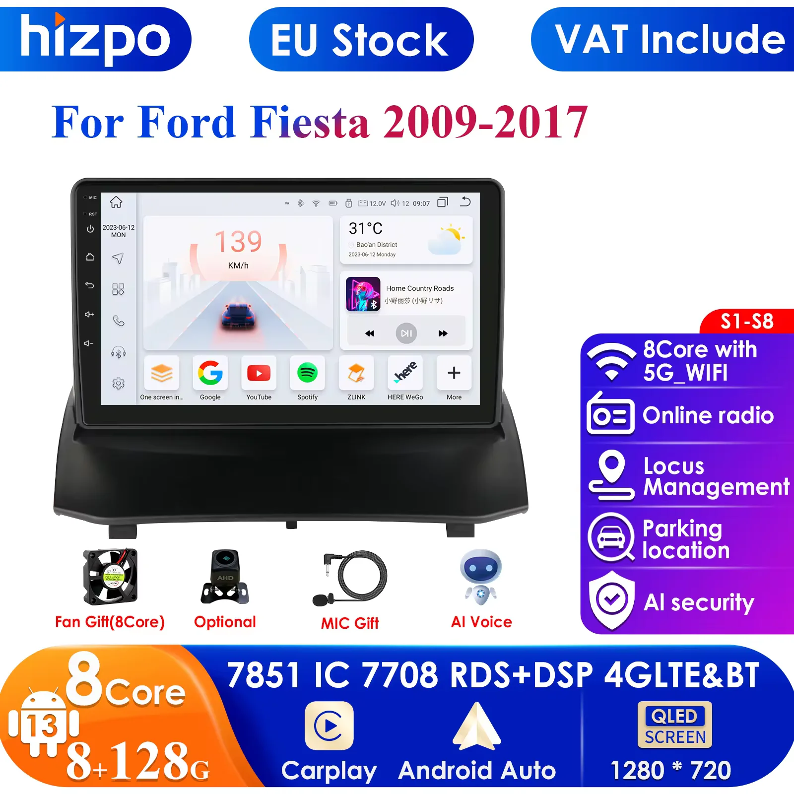 9inch QLED Screen 2din Android Car Radio Multimedia Video Player for Ford Fiesta 2009 - 2017 GPS Navi Carplay Auto 4G LTE RDS AI