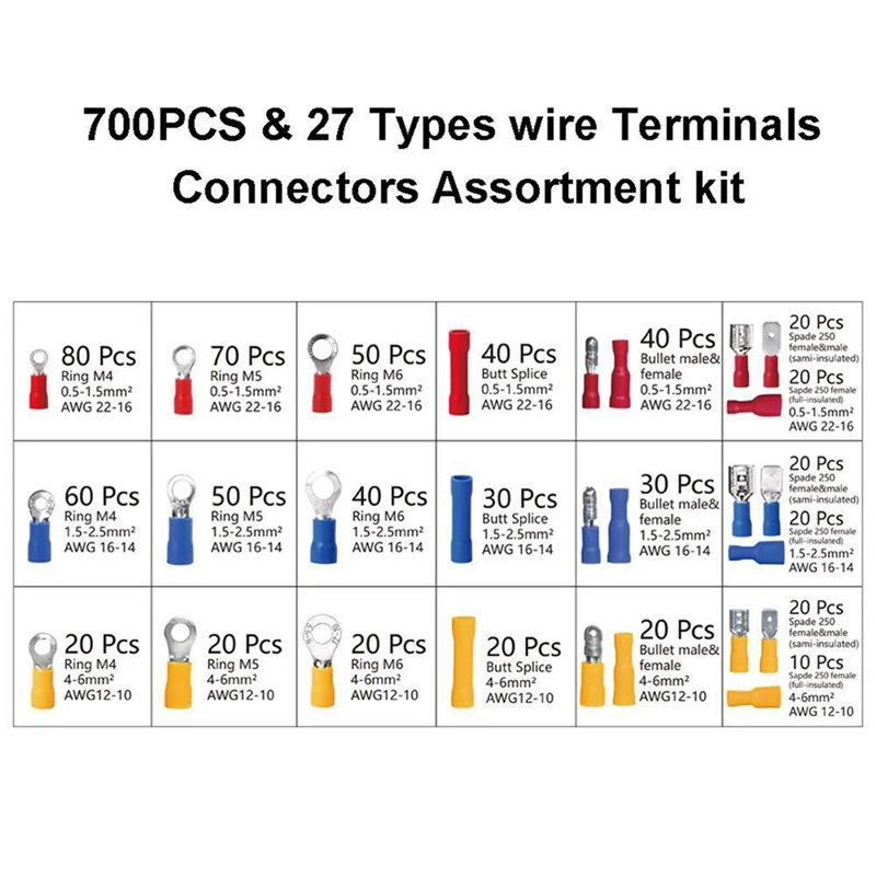 Alicates de prensado de alambre de trinquete multifuncionales HS-30J con 700 piezas de terminales, juego de alicates de prensado en frío, duraderos, azules y negros