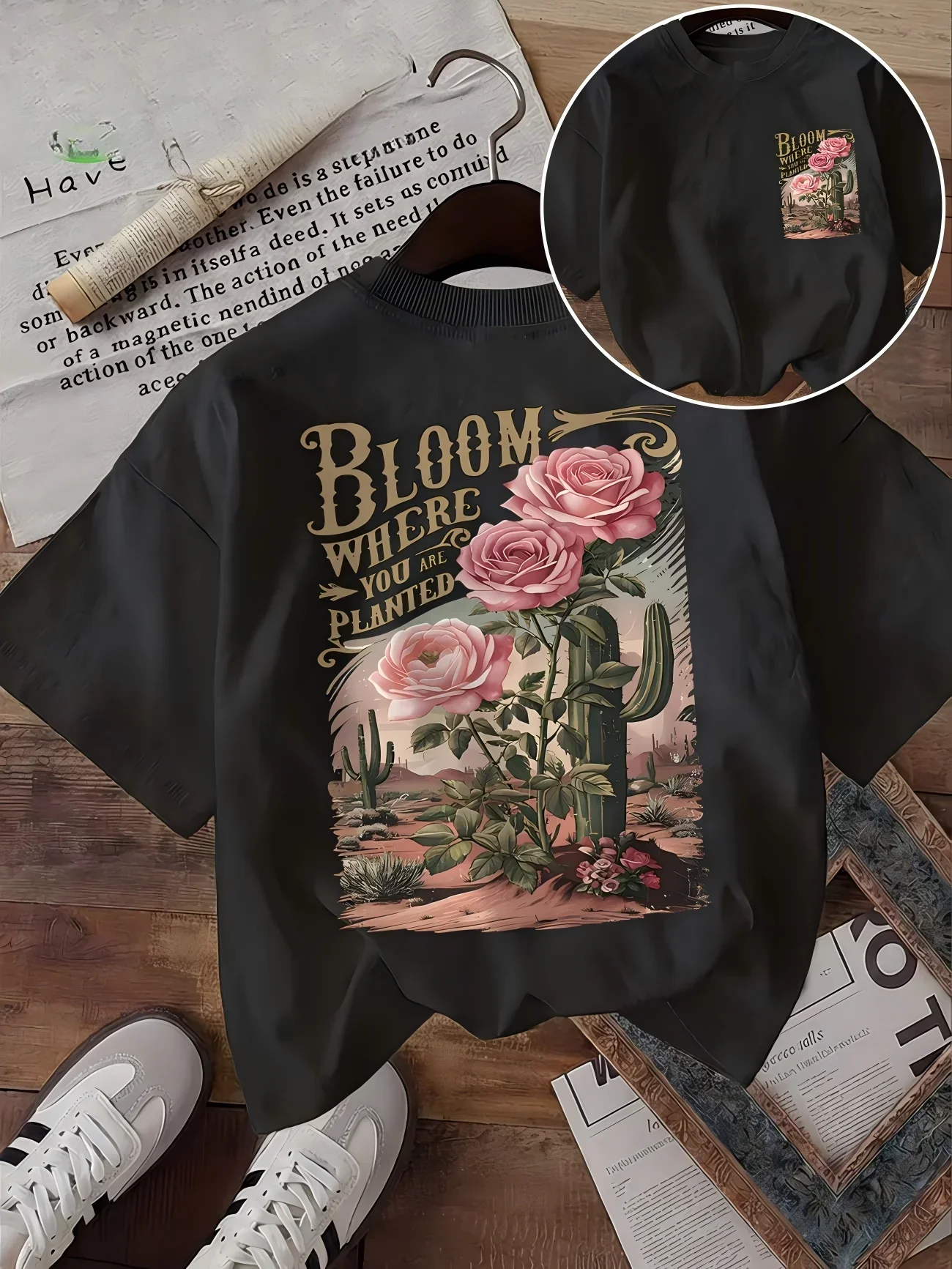 Retro Desert Cactus Rose Print T-Shirt Women Floral Graphic Tee Harajuku Streetwear Short Sleeve Summer Loose Aesthetic Shirt