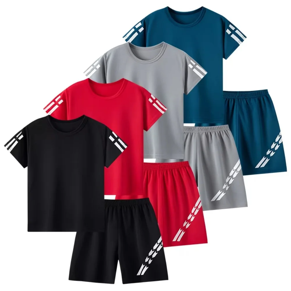 

2Ps Boys Set Basketball Football Sports Summer Solid Color Tees Loose Casual Kids Tops Outdoor Quick Drying Children's Clothing