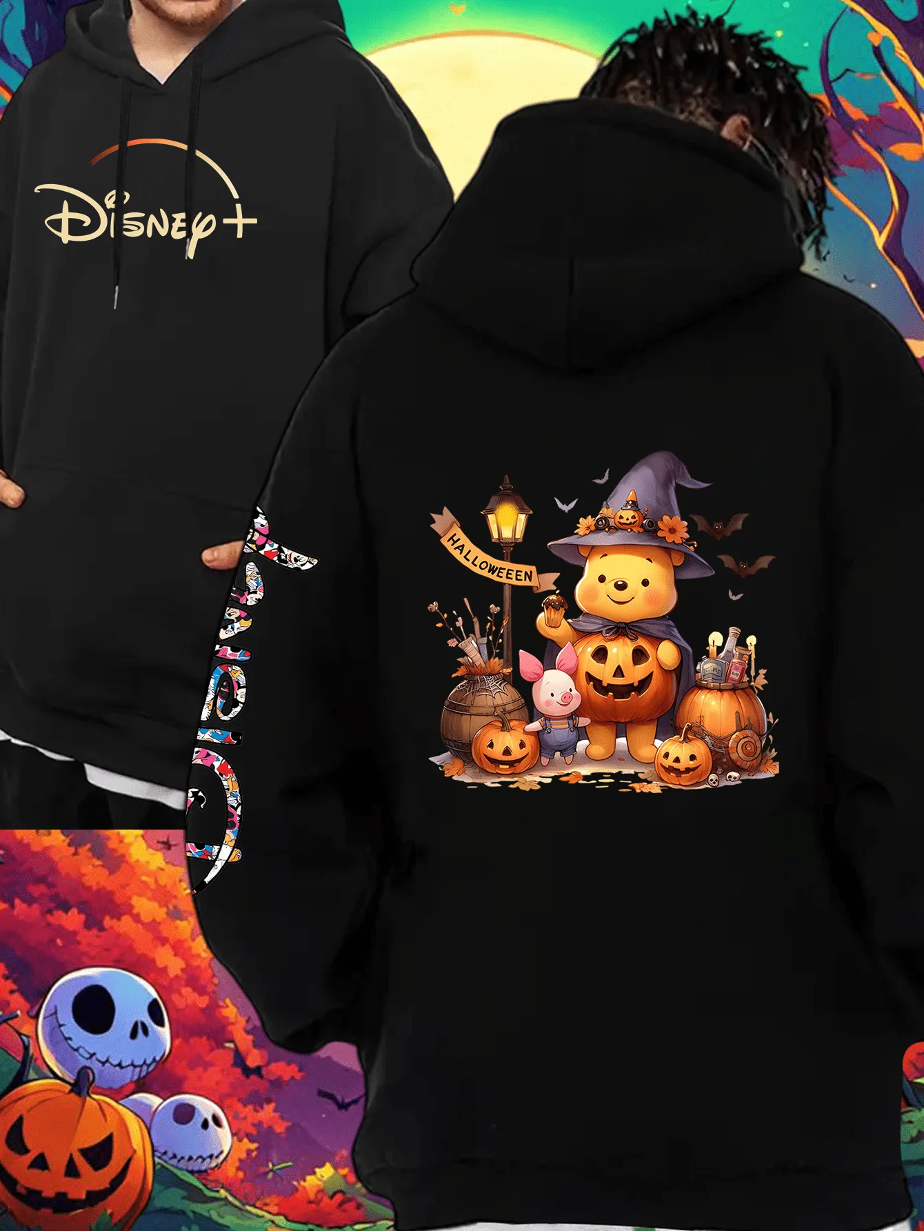 2025 ديزني هالوين ويني نمط مطبوعة الرجال والنساء هوديس المتضخم الملابس الخريف الرجعية الشارع الشهير رياضية غير رسمية