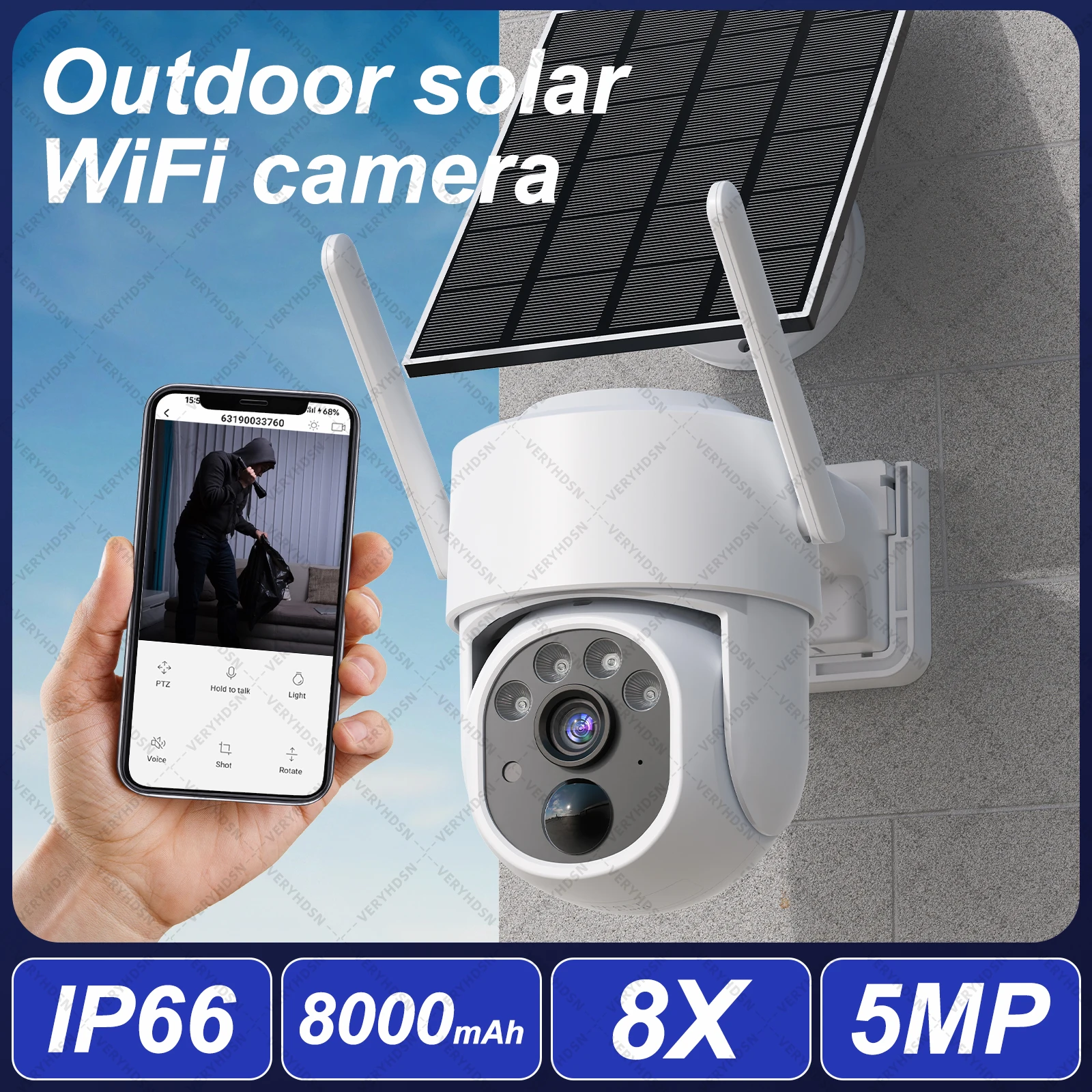 

5-мегапиксельная уличная Wi-Fi камера 2K камера видеонаблюдения камера наблюдения с солнечной панелью 7800 мАч IP66 беспроводная 2-сторонняя связь обнаружения разговора