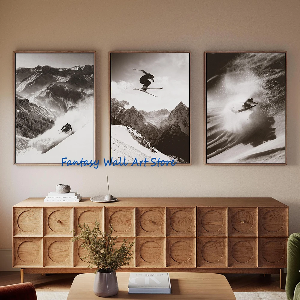 Freeride-Skifahren Action-Shot Schneepulver Skifahren Fotografie Winter Extremsport Poster Leinwanddruck Wandbilder Heimdekoration
