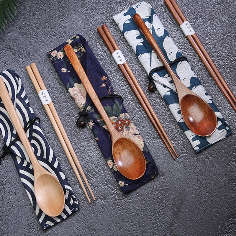 Natural Wood Spoon Chopsticks Dinner Set Tableware Handmade Dinnerware Kitchen Chopsticks Rice Soup Spoon Set With Cloth Bag