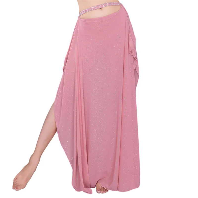 Two Side Split Long Skirt Bellydance Oriental Dancer Practice Clothes Sparkle Water Yarn Traning Wear With Shorts Waist Belt L