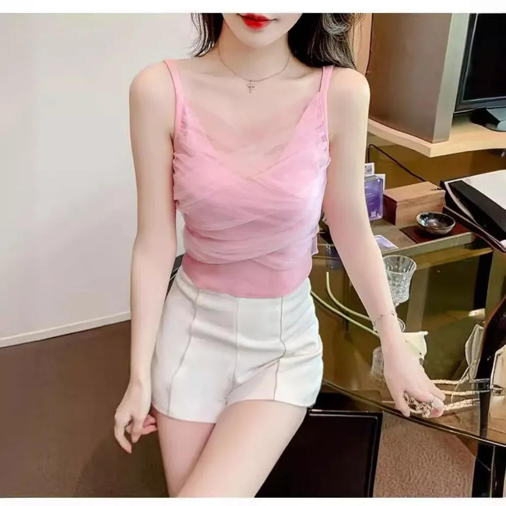 

Новый летний сетчатый слинг Spice Girl, красивый жилет с открытыми плечами и темпераментом, тонкая верхняя одежда, женский топ без рукавов