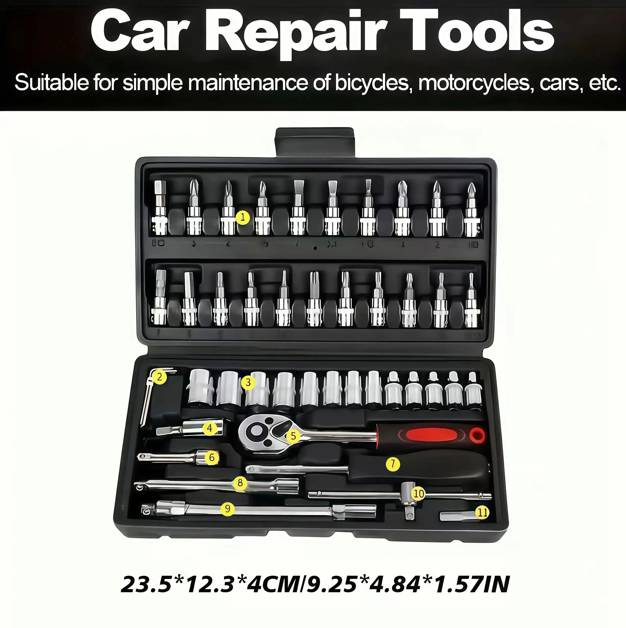 46Pcs Metric Socket Wrench Set Auto Car Repair Tool Kit Professional Mechanical Maintenance Hand Tools Ratchet Spanner Screwdriver Bits Hex Key Multipurpose Hardware Combo with Portable Storage Case - view 6
