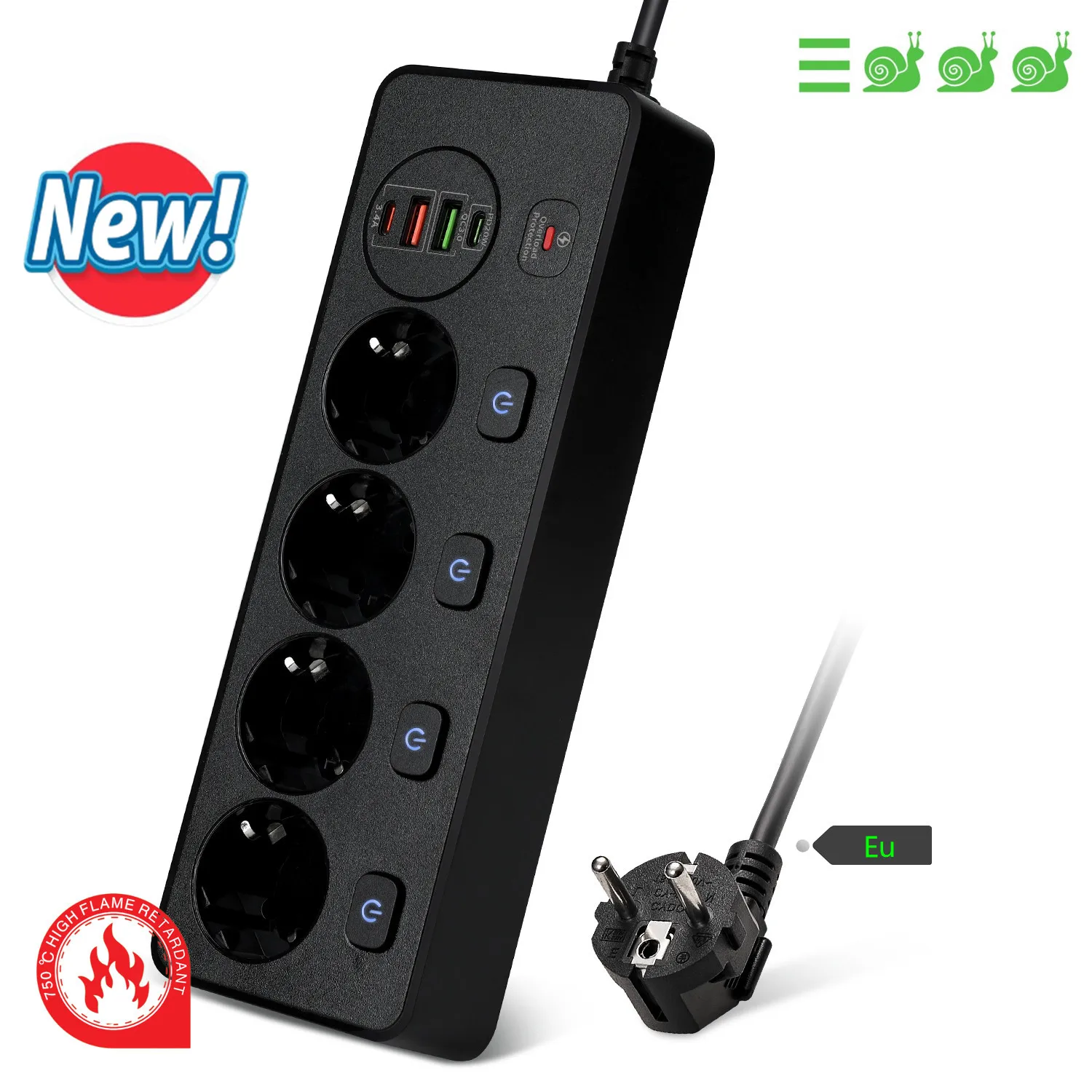 European Plug Smart Power Strip with Multi USB Port Type-C, Independent Control Socket 2 Meters Cable with Overload Protection