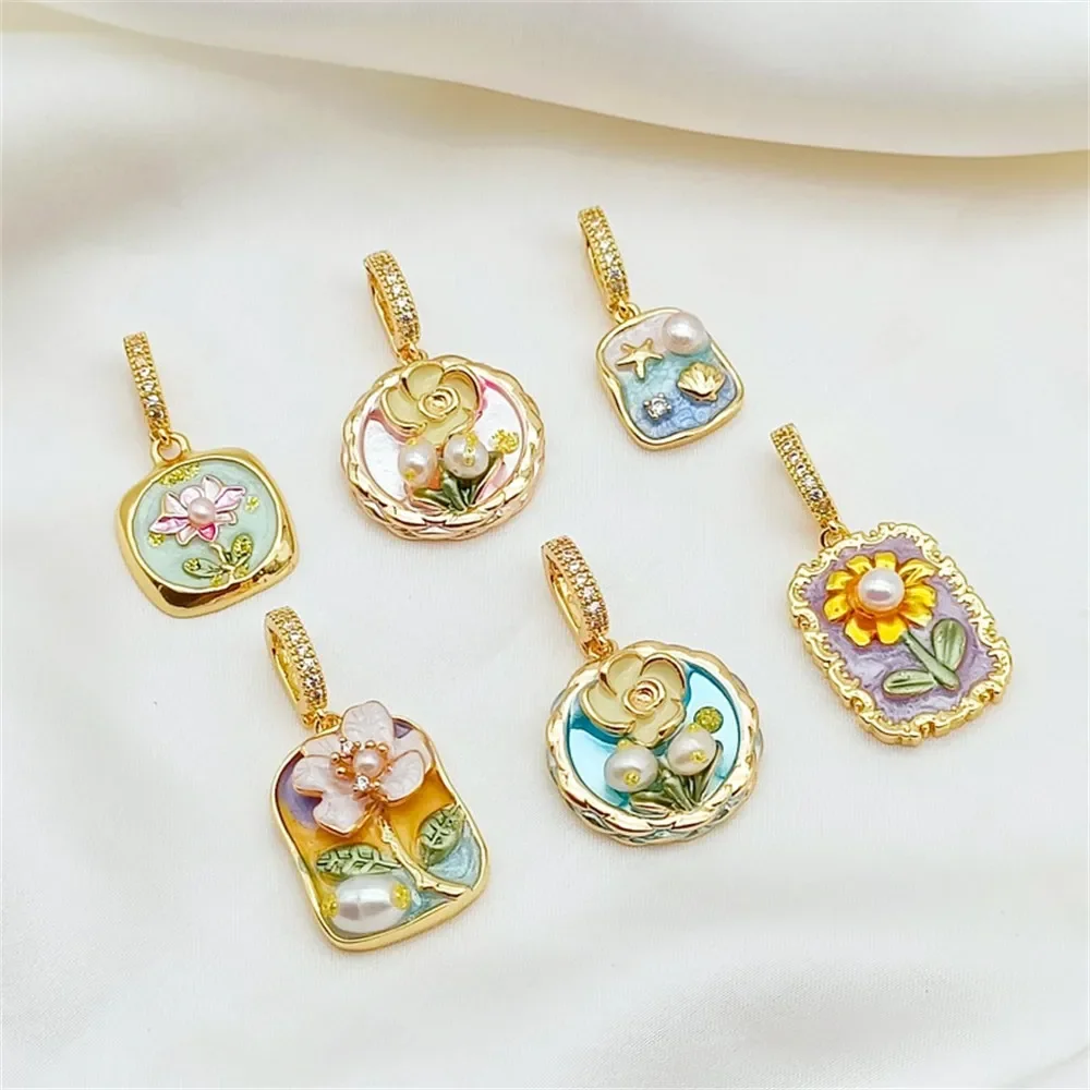 

Oil Painting Style Pendant, Monet's Garden Single Pendant, Baroque Pearl Flower Round Tag Clasp, DIY Bracelet, Necklace Pendant