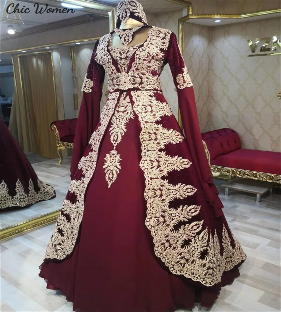 Traditional Muslim Wedding Dress With Applique Lace Elegant Moroccan Abaya Dubai Bridal Gown Long Sleeve Vestio Novia Customzied