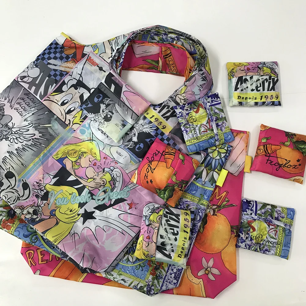 Stylish Cartoon Pattern Reusable Square Bag Wholesale Polyester Foldable Shopper Bag Large Capacity Lightweight Storage Tote Bag