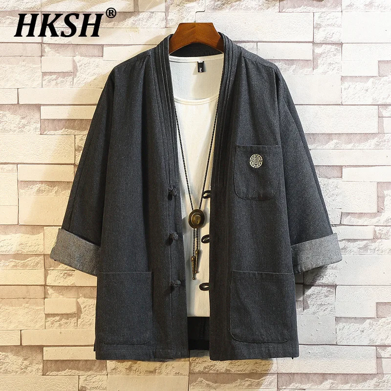 HKSH Spring New China-Chic Vintage Style Denim Jacket Ancient Men's Tide High Street Buckle Hanfu Zen Fashion Cotton Coat HK2158