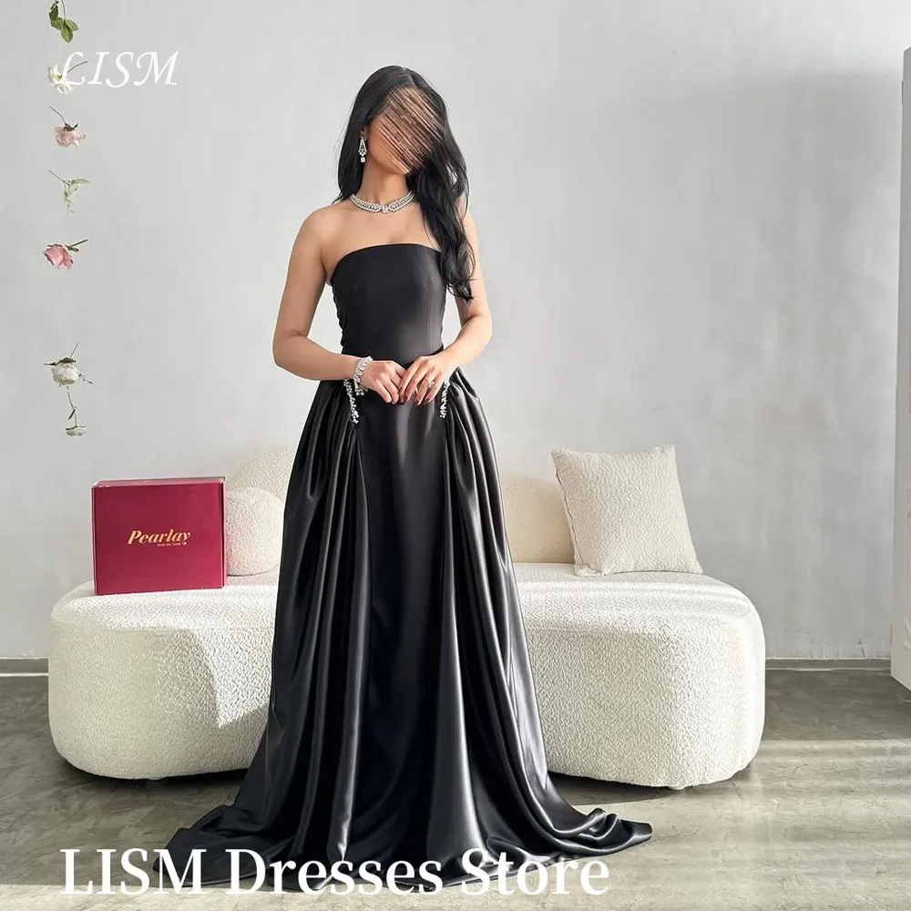 

LISM Simple Black Formal Evening Dresses Strapless Soft Satin Floor Length Elegant Prom Gowns Gowns Customized Arabic Women