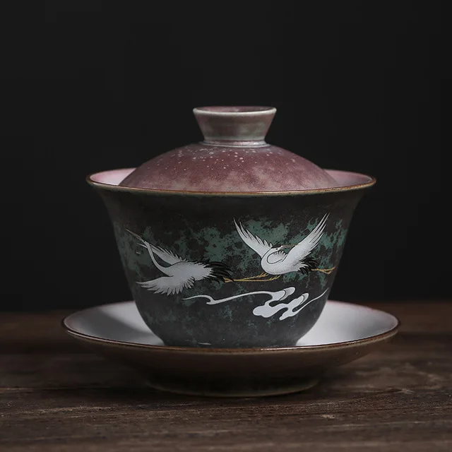 Anti-scald Large Ceramic Retro Tea Cover Bowl with Lid Sancai Gaiwan Single Tea Bowl Hand Painted Shining Crane Cover Bowl Gift