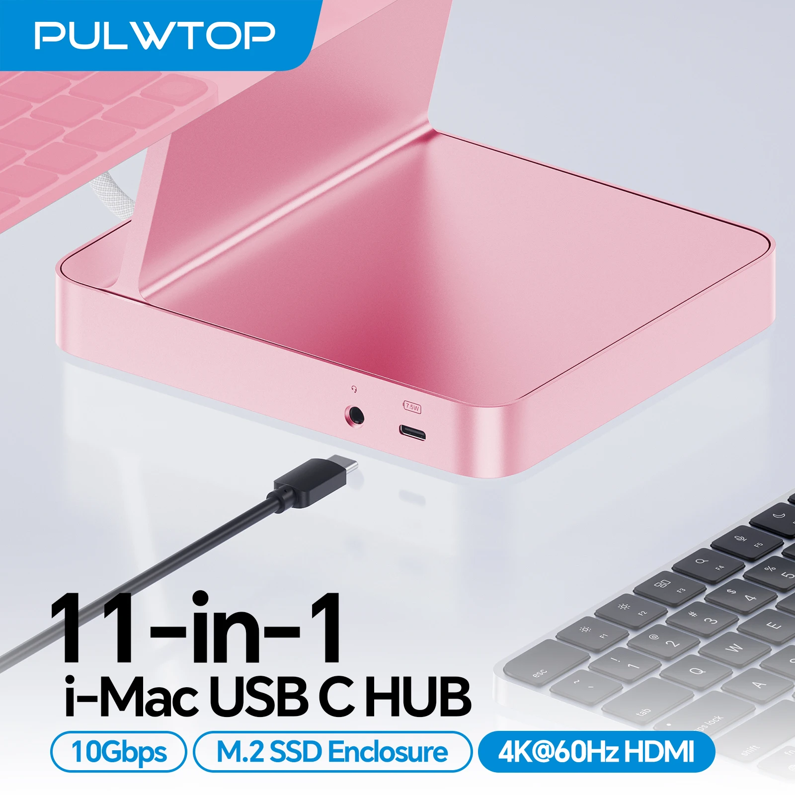 PULWTOP iMac C USB 허브 (4K HDMI, 2.5G 이더넷, USB A/C 10Gbps, SD/TF, SSD 인클로저 포함, SSD 미포함) M1/M3/M4용 - 핑크