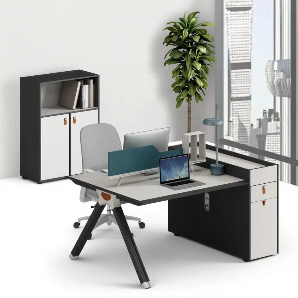 Factory Direct 2026 High End Simple Design Matte Black Warm White 2 Person Computer Table Partition Work Station Center Office