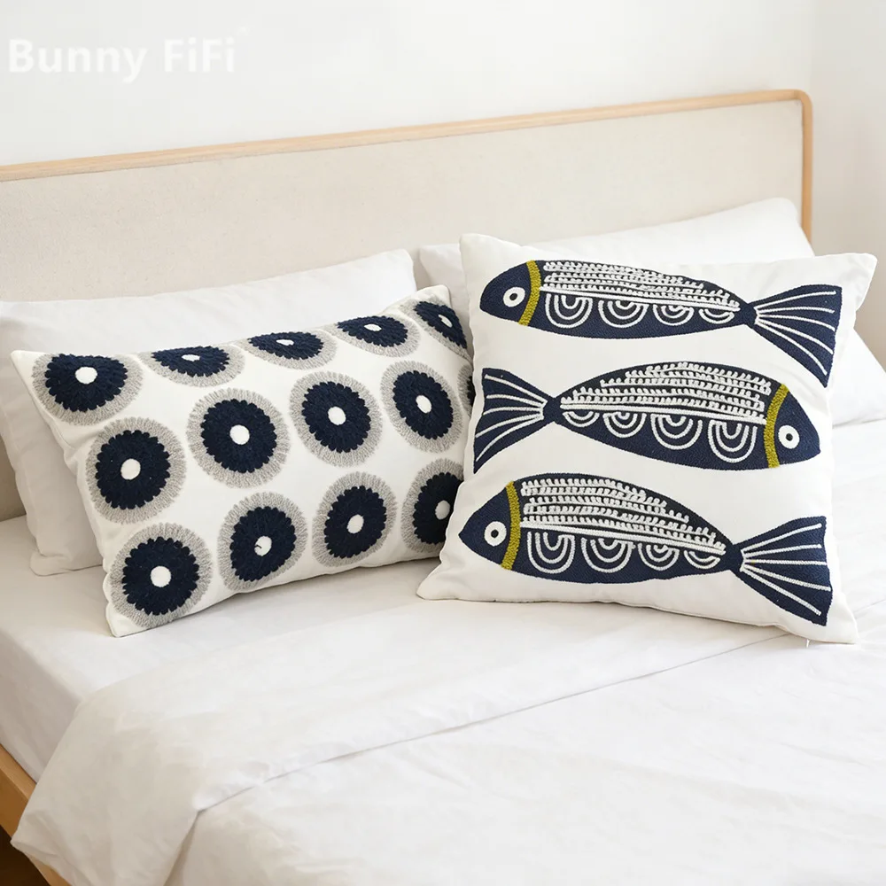 Three Blue Fishes Patterned Cushion Covers Embroidered Decorative Throw Pillow Covers For Sofa Bedroom Living Room Home Decor