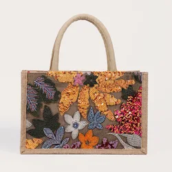 Fashion Sequins Embroidery Small Tote Bag Elegant Floral Women Handbags Casual Summer Beach Bags Vacation Satchel Bag 2024