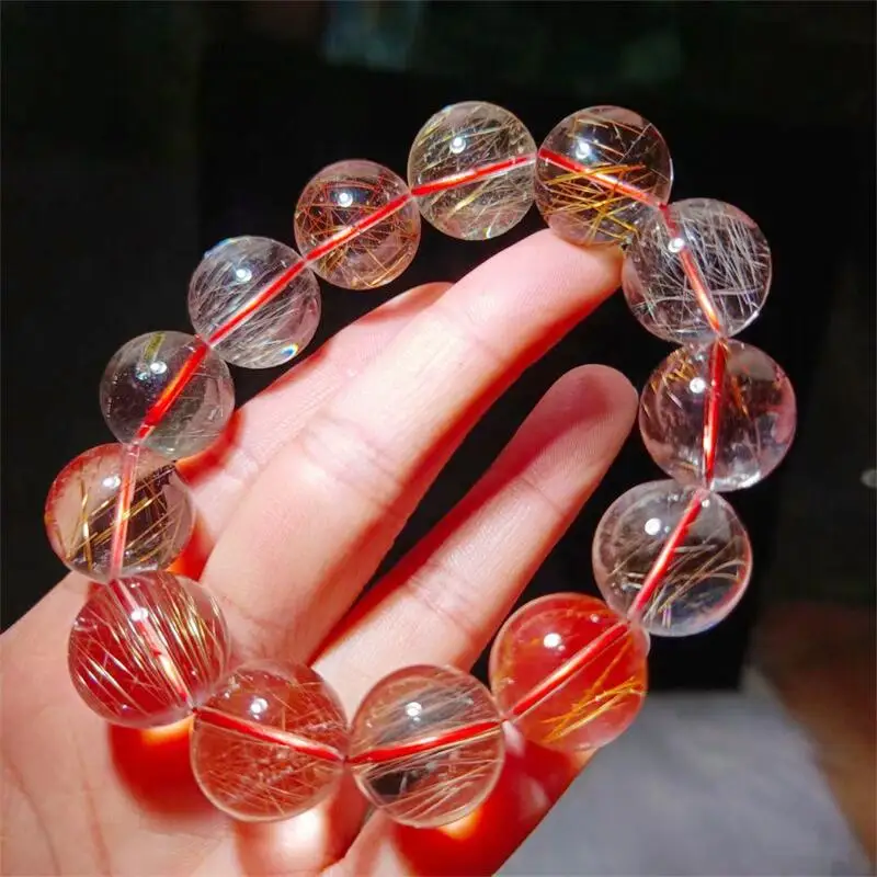 17MM Natural Rutilated Quartz Bracelet Women Fashion Round Stone Elegant Healing Strand Bangles Wristband Gift 1PCS