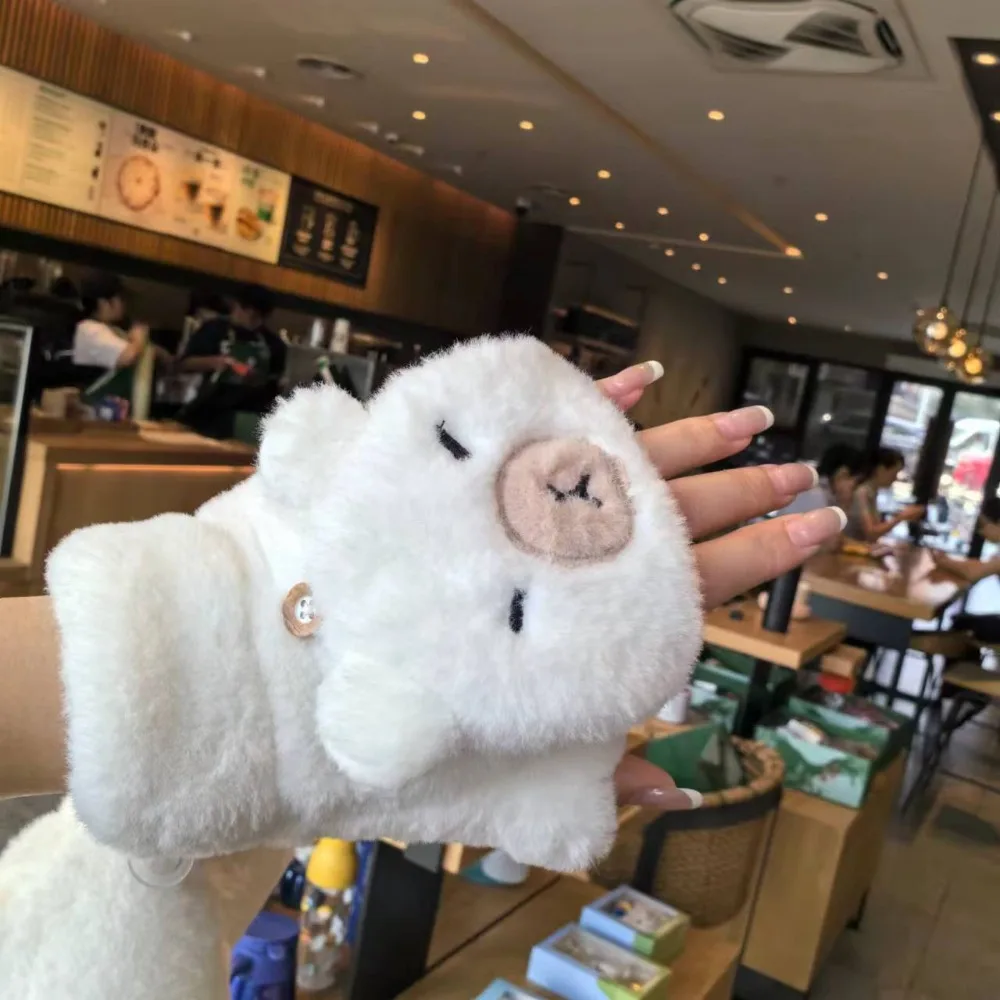 Faux Rabbit Hair Capybara Plush Mittens Soft Ear Cartoon Anti-cold Mittens Thickened Windproof Animal Flip Gloves Girls