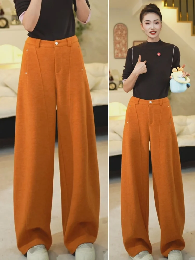 Pantaloni a banana a gamba larga a vita alta foderati in lana calda Fce Pantaloni a taglio dritto da donna Faion Commute Sle Colore puro coreano