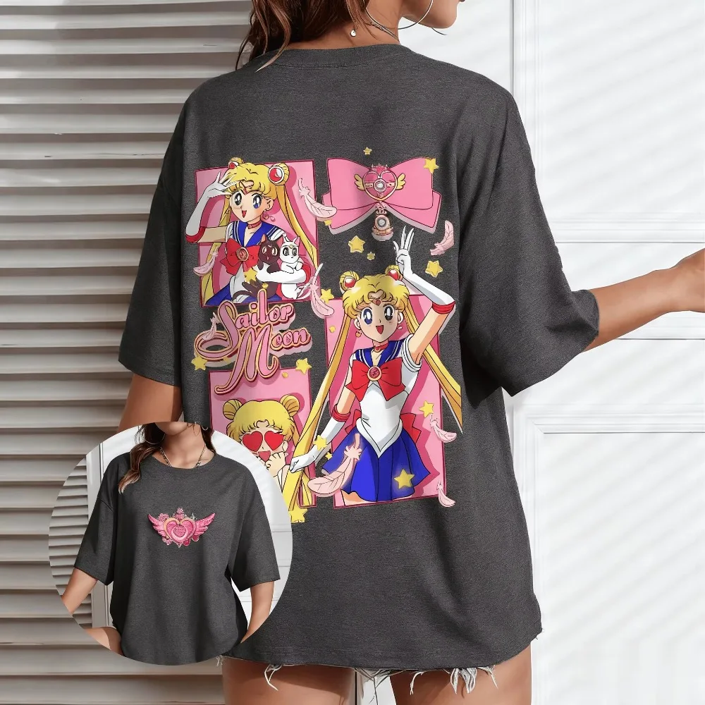 MINISO Sailor Moon Anime Koszulka Męska Damska Casual Krótki Rękaw Nadruk z Postaciami z Kreskówek Nowa Letnia Luźna Odzież Uliczna Harajuku Tee Y2k