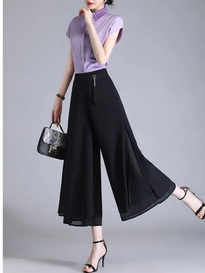Women Side Slit Chiffon Pants Summer Thin Elastic Waist Wide Leg Pants Chic Droop Trousers Chinese Style Nine Point Pants W35