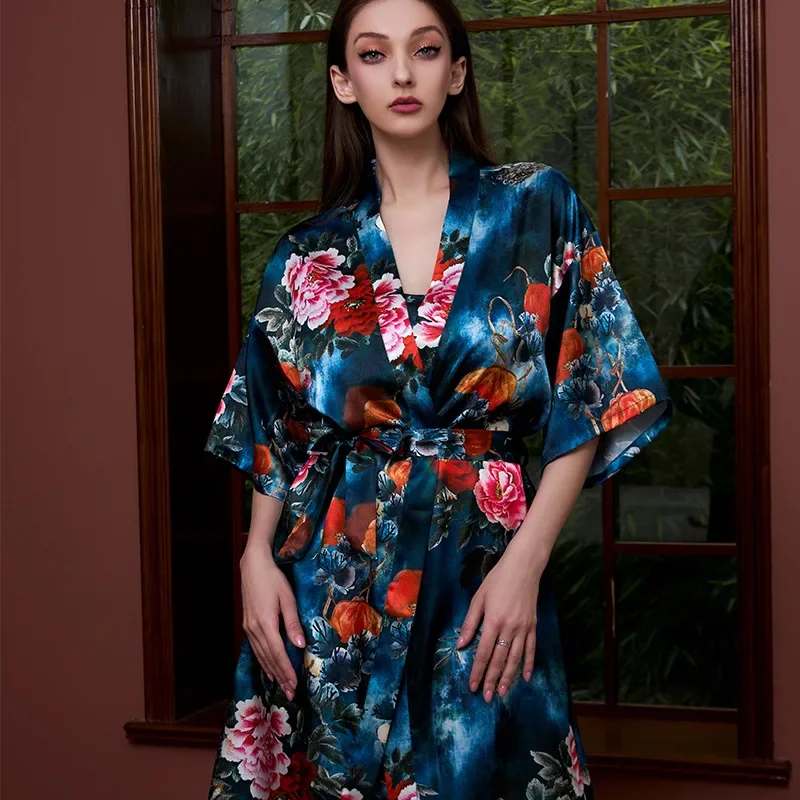 

Весенне-летний новый короткий халат, одежда для сна с цветочным принтом, женский халат, кимоно, домашнее платье, сексуальная шелковая атласная ночная рубашка, одежда для дома