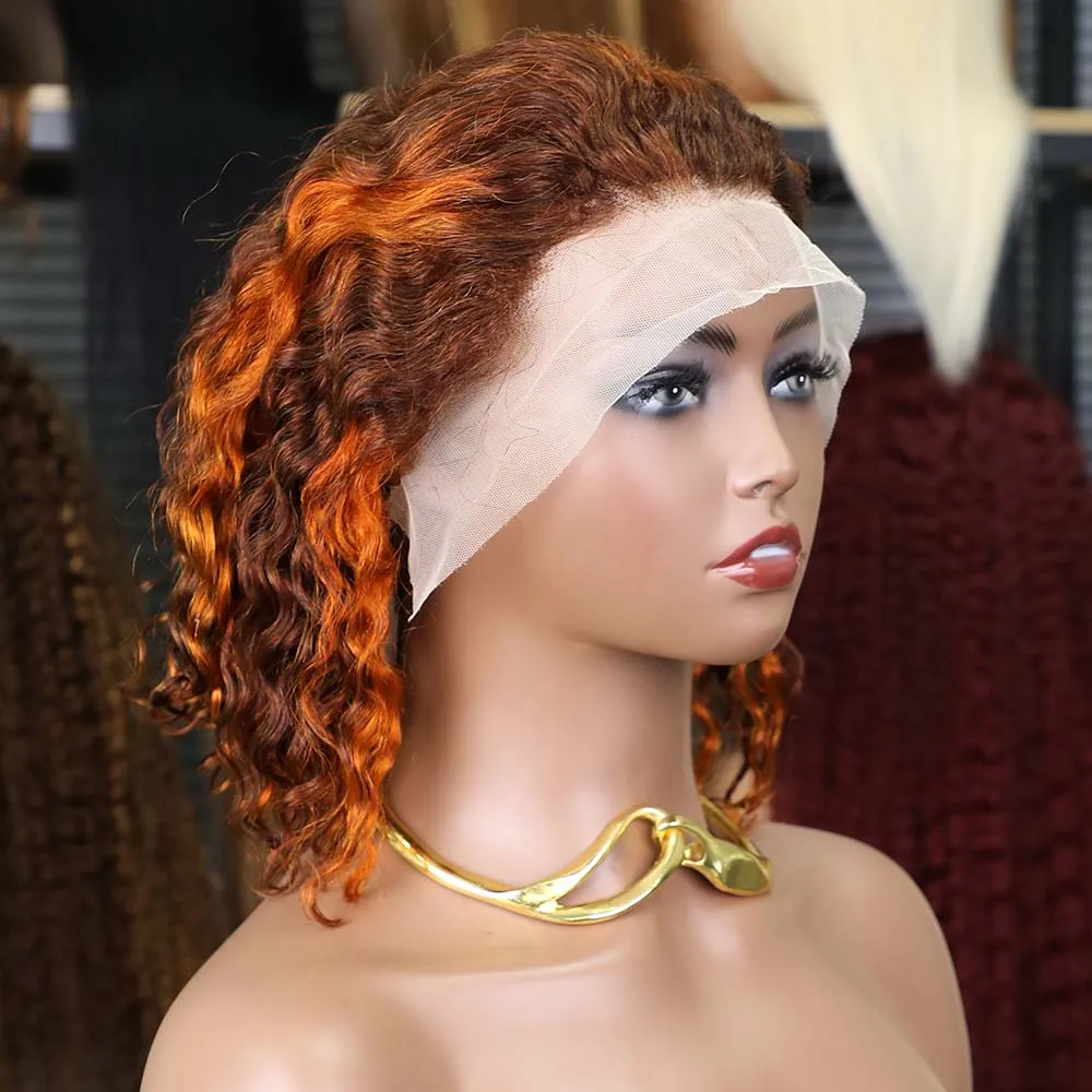 

4/350 Highlight Water Wave Short Bob Wigs 13x4 Lace Front Human Hair Wig Ginger Orange Brown Color Transparent Lace Frontal Wigs