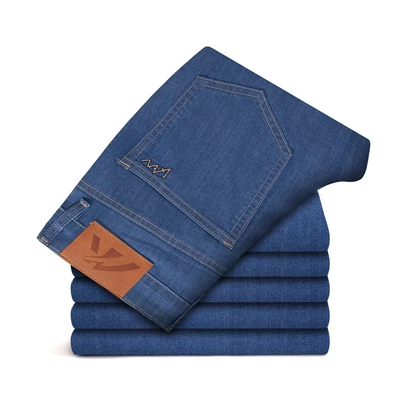 2026 New Men's Thin Jeans Soft Elastic Cotton Retro Washed Denim Pants Fashion Blue Gray Business Straight Trousers