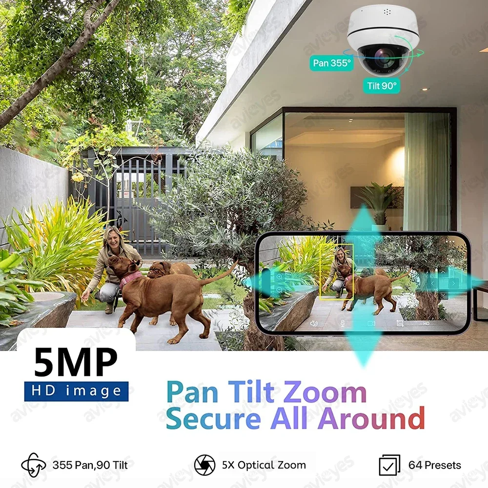 5MP Dome IP Camera Outdoor 5X Optical Zoom PoE PTZ Auto Tracking Security Camera 2-Way Talk IR Night Vision Surveillance Cameras