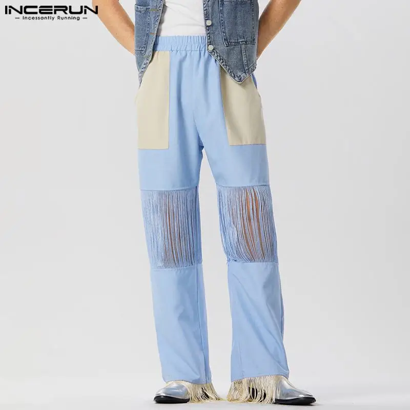 

INCERUN Men Pants Tassel Patchwork Elastic Waist Loose Casual Straight Trousers Streetwear 2024 Pockets Fashion Joggers S-5XL