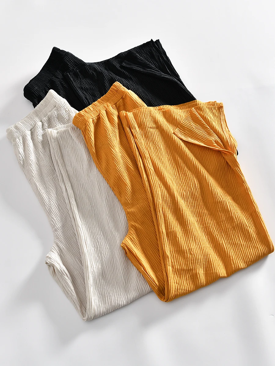 

Spring Summer Women's High Waist Wide Leg Pants Soft Breathable Folded Elastic Thin Straight Cut Casual Trousers