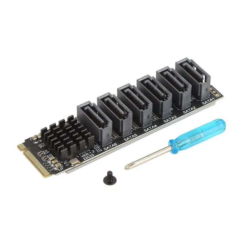 AT42 M.2 to SATA3.0 Adapter Card, PCB 6Gbps High Speed ASM1166 M.2 PCIE to SATA Expansion Card Support 6 SATA Devices