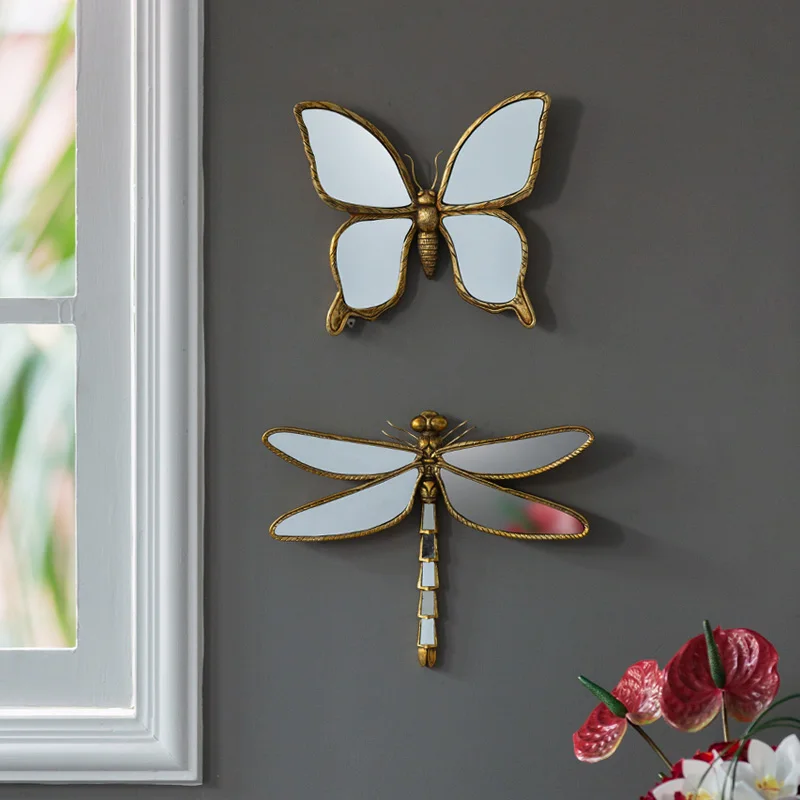 Retro Gold Butterfly Dragonfly Carved Bedroom Dressing Makeup Mirror Bathroom Home Hanging Wall Mirror Decoration Accessories