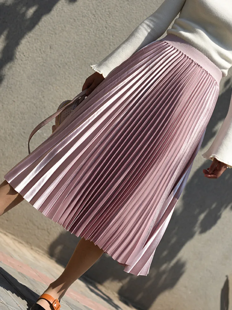 LANMREM Korean Satin Pleated A-line Skirt High Waist Medium Length Elegant Skirts 2024 New Autumn Fashion Clothing 2Q1378