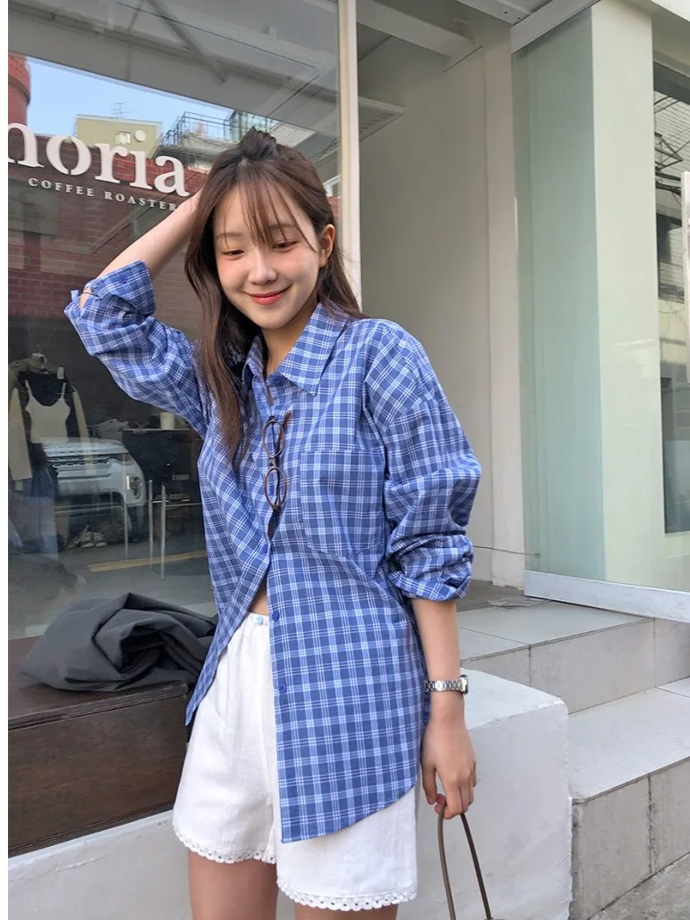 

Chic Early Autumn Single-Button Blue Plaid Women's Long Sve irt Faionable Design Sense Tailored Trendy Office Wear