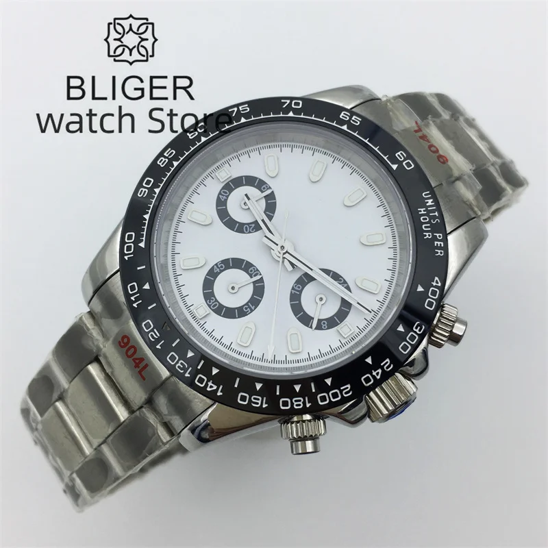 Bliger39mm quartz men\'s watch VK63 movement motion multifunctional time meter commercial sapphire Black white dial luminous inde