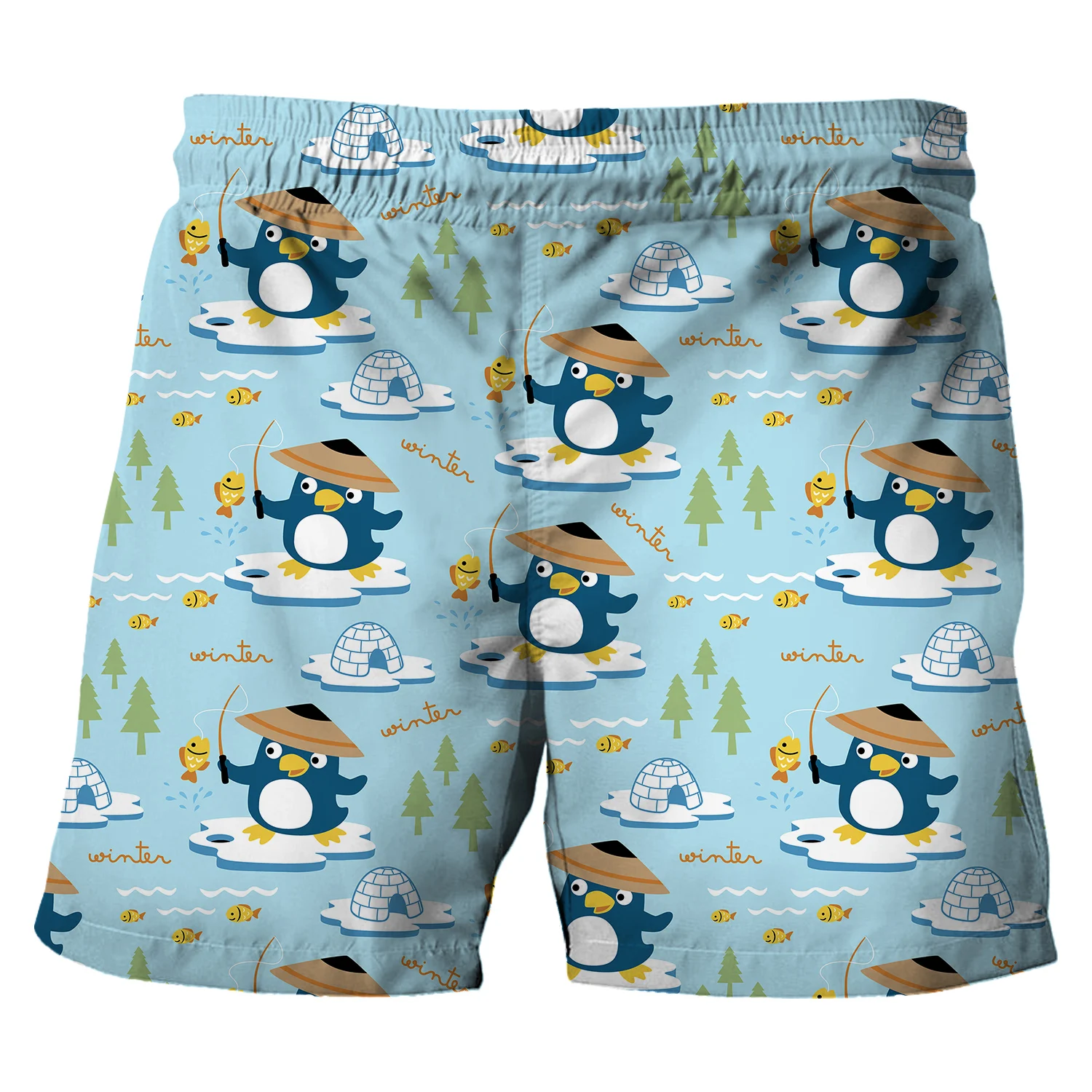 Kawaii Penguin Fishing Print Kids' Blue Shorts Children's Loose Beach Shorts Baby Girls Clothes Boys' Casual Short Pants Summer